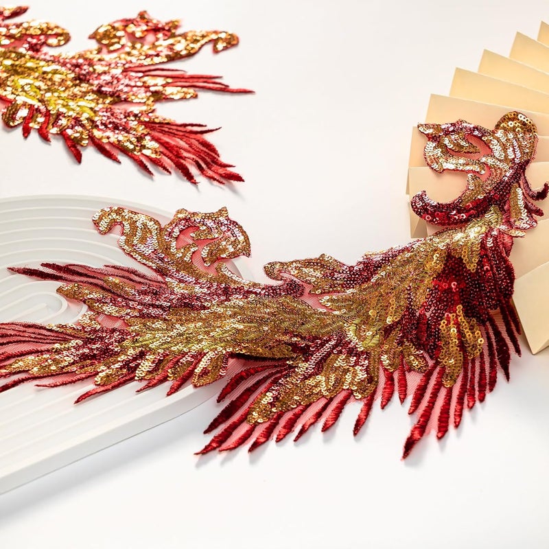 Silvora Pair Embroidery Phoenix Costume Sequin Appliques Patches, Peacock Feather Tail Applique Embellishments for Dance Dresses,Clothes,T-Shirt，Neckline Bodice Pants (Red) - Image 4